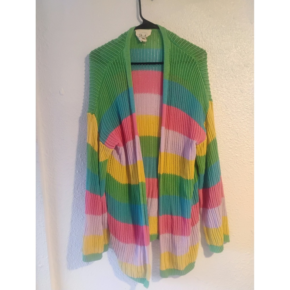 Os Candy Crush Pastel Rainbow Cardigan Sweater Popcorn Chunky Knit Spring Stripe